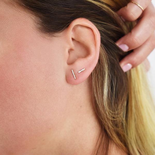 10k Solid Gold Thin CZ Bar Studs - - Earrings - Ofina