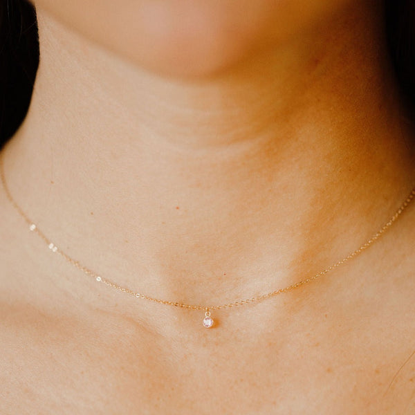 14k Solid Gold Tiny Round Bezel Gem Necklace - - Necklaces - Ofina