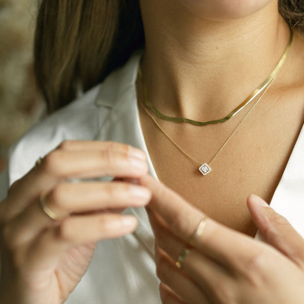 14k Solid Gold CZ Princess Cut Halo Necklace - - Necklaces - Ofina
