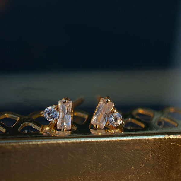CZ Round & Baguette Combo Studs - - Earrings - Ofina