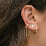 14k Solid Gold CZ Ear Cuff / CZ Stud Dangle Chain - - Earrings - Ofina