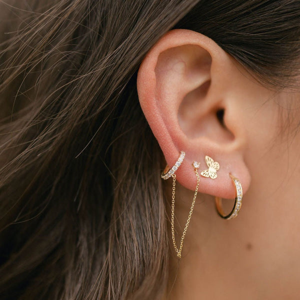14k Solid Gold CZ Ear Cuff / CZ Stud Dangle Chain - - Earrings - Ofina