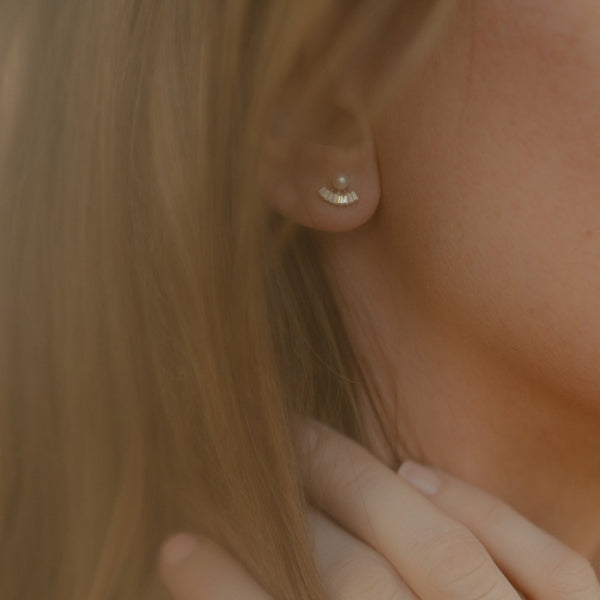 10k Solid Gold CZ Baguette Fan & Pearl Studs - - Earrings - Ofina