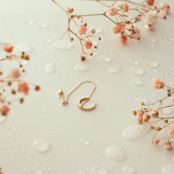 14k Solid Gold CZ Ear Cuff / CZ Stud Dangle Chain - - Earrings - Ofina