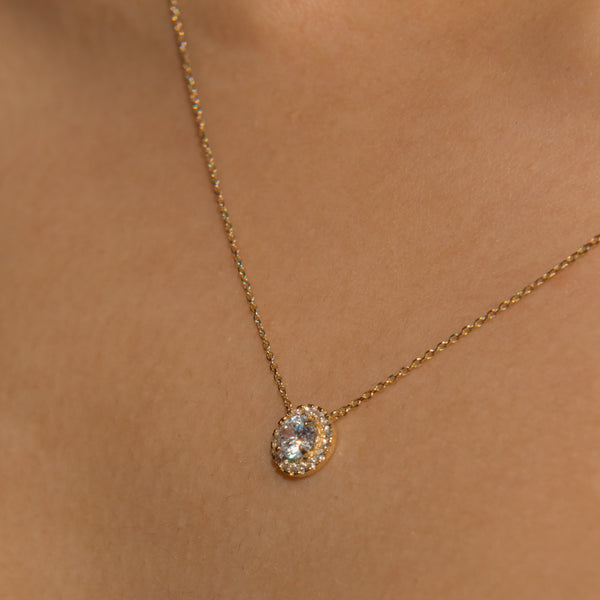14k Solid Gold CZ Round Halo Necklace - - Necklaces - Ofina