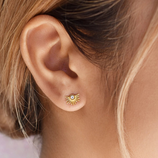 10k Solid Gold CZ Sun Beam Studs - - Earrings - Ofina