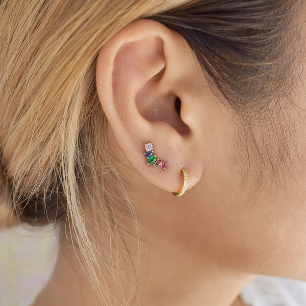 10K Solid Gold CZ Colorful Crawler Studs - - Earrings - Ofina