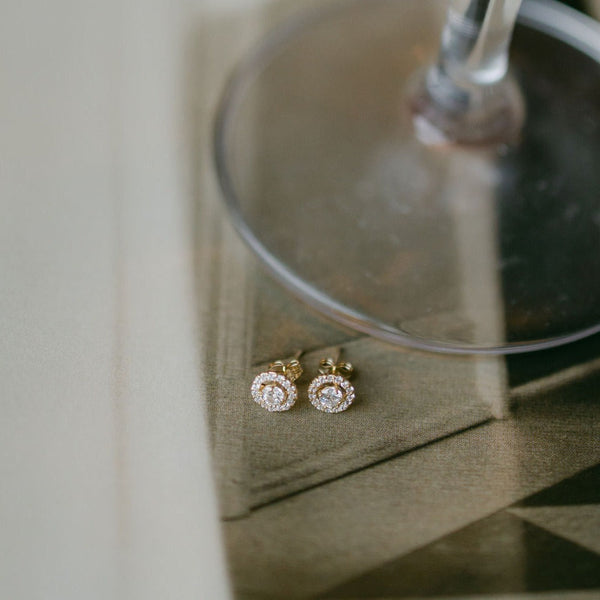 14k Solid Gold CZ Round Halo Studs - - Earrings - Ofina