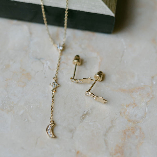 14k Solid Gold CZ Half-Moon Y-Drop Necklace - - Necklaces - Ofina