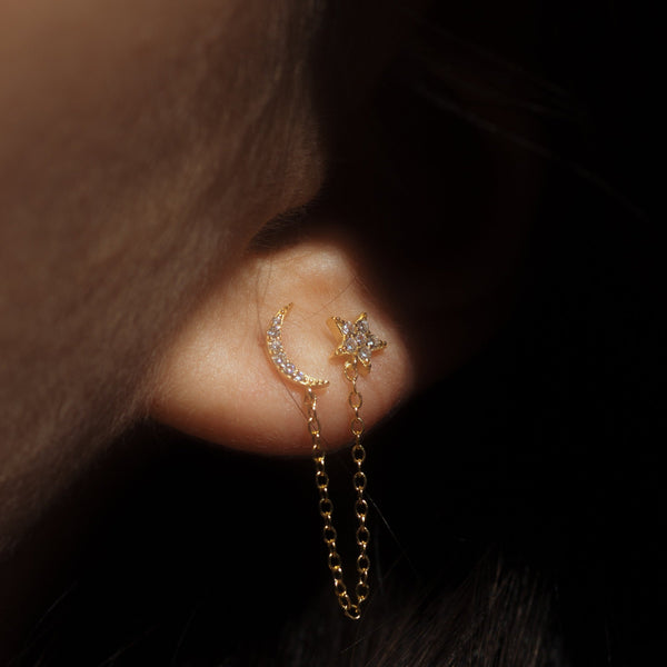 CZ Star and Moon Chain Studs - - Earrings - Ofina