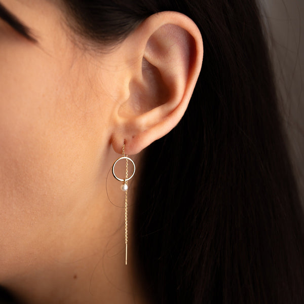 14k Solid Gold Circle & Pearl Ear Threaders - - Earrings - Ofina