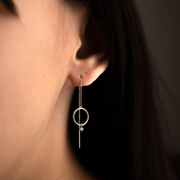 14k Solid Gold Circle w/ CZ Dangle Ear Threaders - - Earrings - Ofina