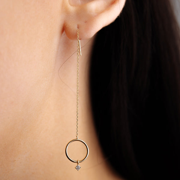 14k Solid Gold Circle w/ CZ Dangle Ear Threaders - - Earrings - Ofina