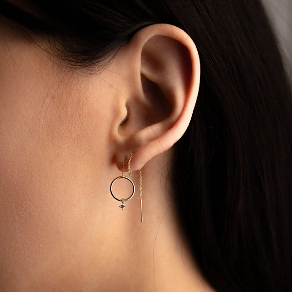 14k Solid Gold Circle w/ CZ Dangle Ear Threaders - - Earrings - Ofina