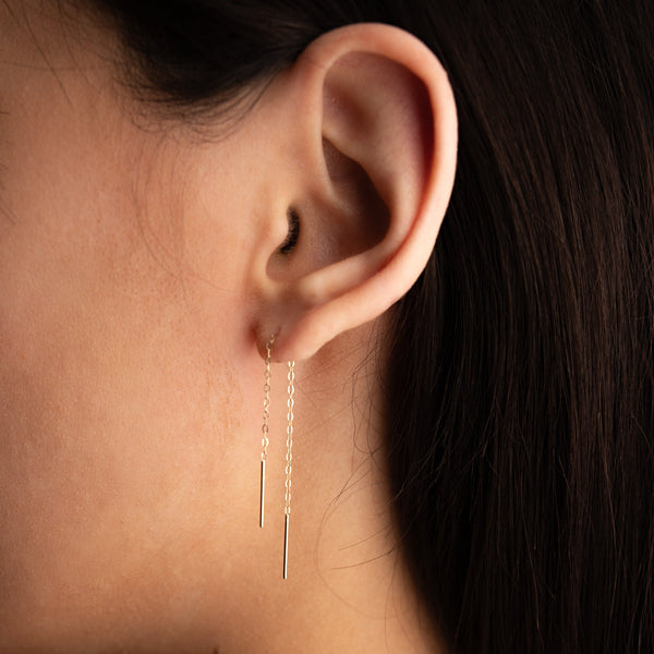 14k Solid Gold Bar Ear Threaders - - Earrings - Ofina