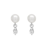 10k Solid Gold Pearl w/ Hanging CZ Studs - White Gold - Earrings - Ofina
