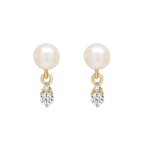 10k Solid Gold Pearl w/ Hanging CZ Studs - Yellow Gold - Earrings - Ofina