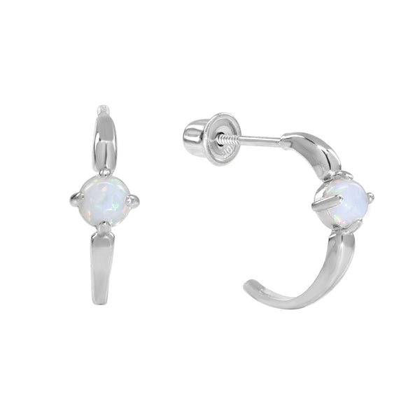 SALE - 10k Solid Gold Opal Prong Huggie Studs - White Gold - Earrings - Ofina