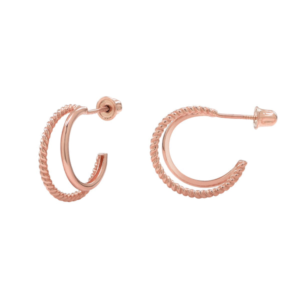 SALE - 10k Solid Gold Twisted & Smooth Double Huggie Studs - Rose Gold - Earrings - Ofina