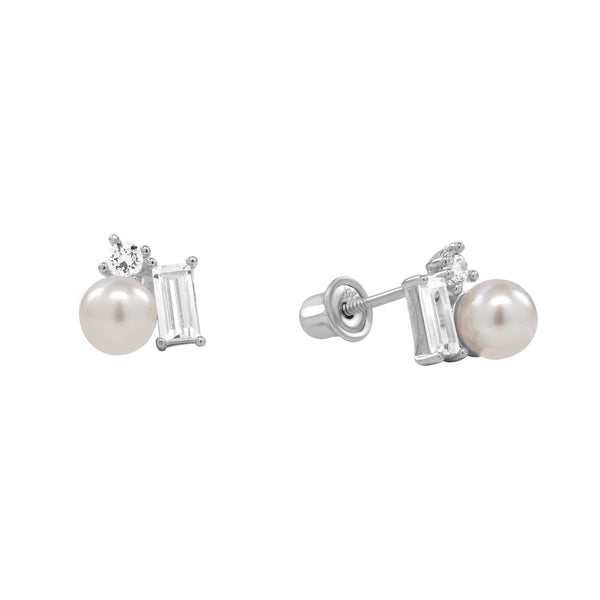 10k Solid Gold Pearl w/ CZ Cluster Studs - White Gold - Earrings - Ofina