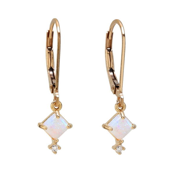Square Prong Opal & CZ Leverback Earrings - - Earrings - Ofina
