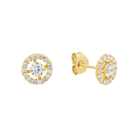 14k Solid Gold CZ Round Halo Studs - - Earrings - Ofina