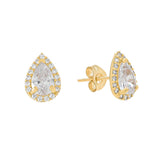 SALE - 14k Solid Gold CZ Teardrop Halo Studs - - Earrings - Ofina