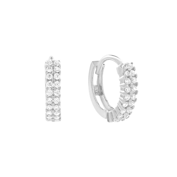14k Solid Gold CZ Double Row Huggies - White Gold - Earrings - Ofina