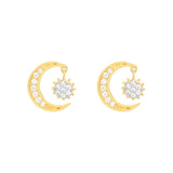 14k Solid Gold CZ Half Moon & Sun Dangle Studs - - Earrings - Ofina