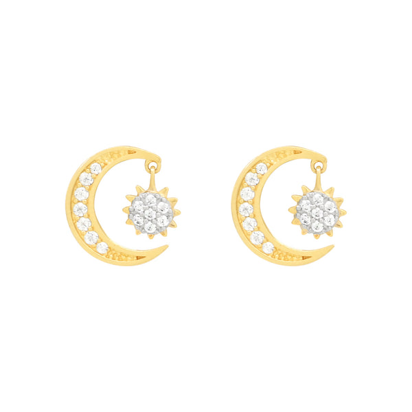14k Solid Gold CZ Half Moon & Sun Dangle Studs - - Earrings - Ofina