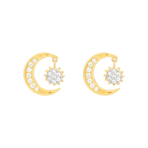 14k Solid Gold CZ Half Moon & Sun Dangle Studs - - Earrings - Ofina