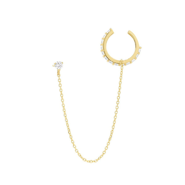 14k Solid Gold CZ Ear Cuff / CZ Stud Dangle Chain - - Earrings - Ofina