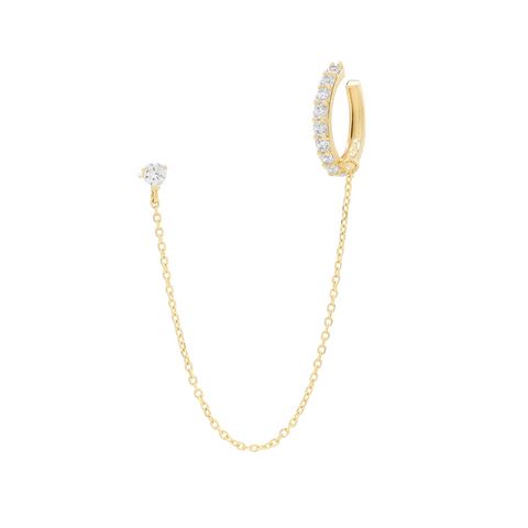 14k Solid Gold CZ Ear Cuff / CZ Stud Dangle Chain - - Earrings - Ofina