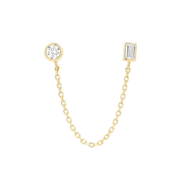 14k Solid Gold CZ Circle / Emerald Dangle Chain Studs - - Earrings - Ofina