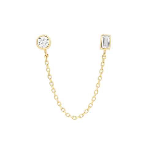 14k Solid Gold CZ Circle / Emerald Dangle Chain Studs - - Earrings - Ofina