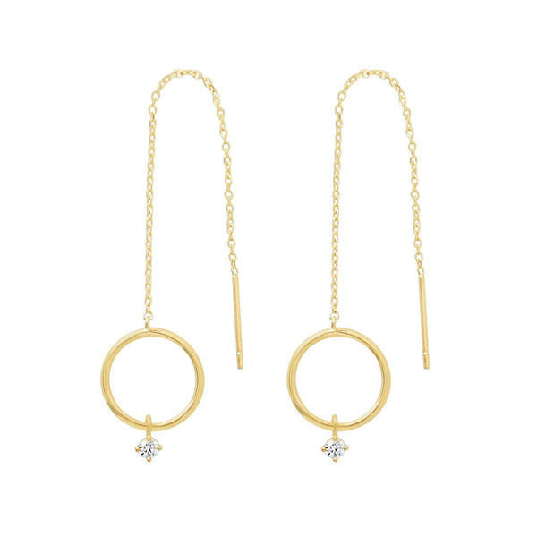14k Solid Gold Circle w/ CZ Dangle Ear Threaders - - Earrings - Ofina