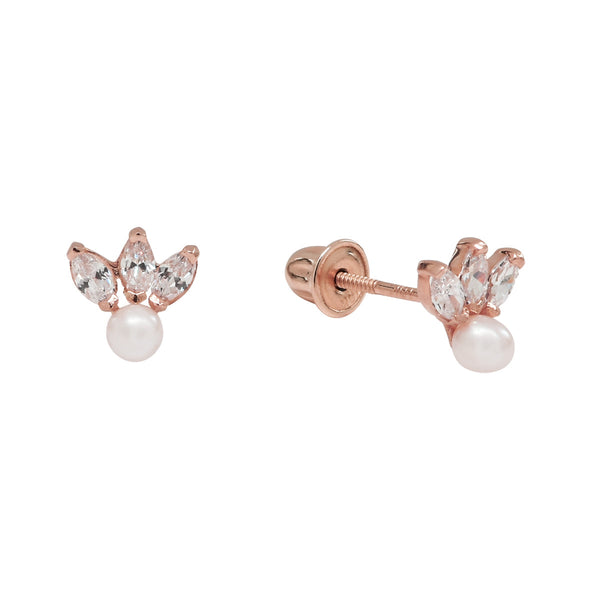 10k Solid Gold Triple CZ Marquise & Pearl Studs - Rose Gold - Earrings - Ofina