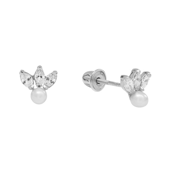 10k Solid Gold Triple CZ Marquise & Pearl Studs - White Gold - Earrings - Ofina