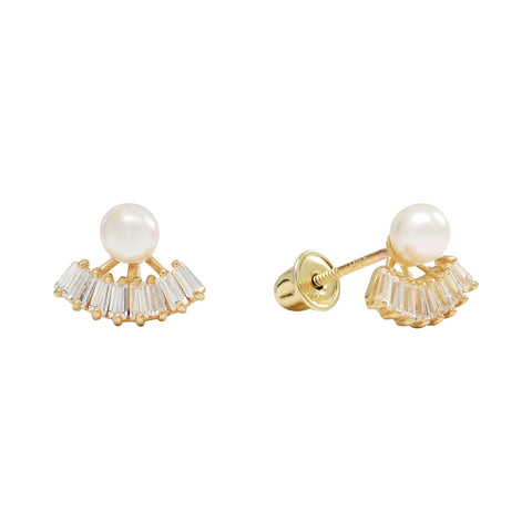 10k Solid Gold CZ Baguette Fan & Pearl Studs - Yellow Gold - Earrings - Ofina
