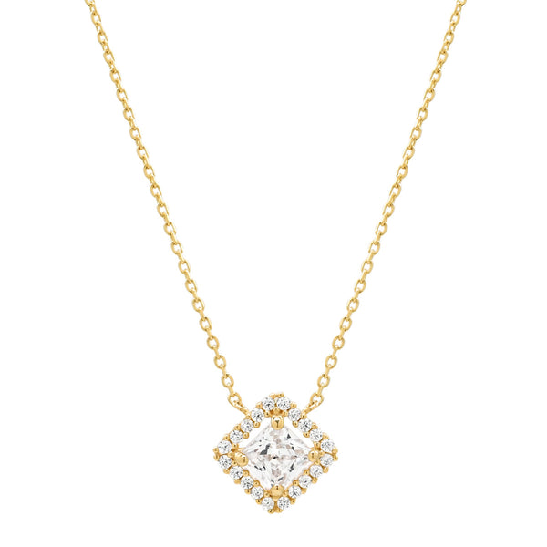 14k Solid Gold CZ Princess Cut Halo Necklace - Yellow Gold - Necklaces - Ofina