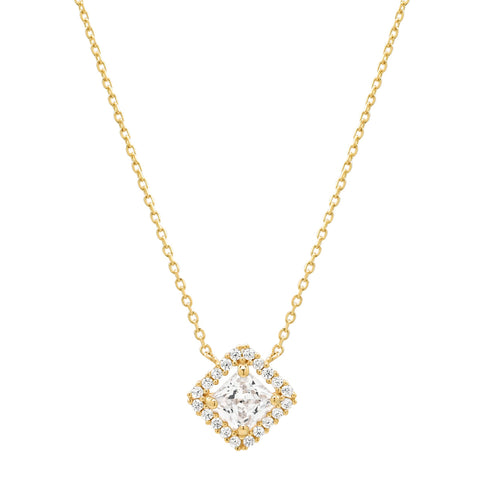 14k Solid Gold CZ Princess Cut Halo Necklace - Yellow Gold - Necklaces - Ofina