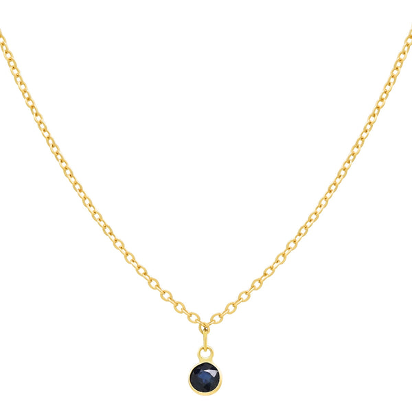 14k Solid Gold Tiny Round Bezel Gem Necklace - Blue Sapphire - Necklaces - Ofina