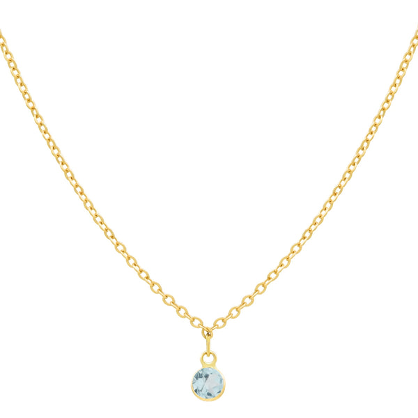 14k Solid Gold Tiny Round Bezel Gem Necklace - Blue Topaz - Necklaces - Ofina