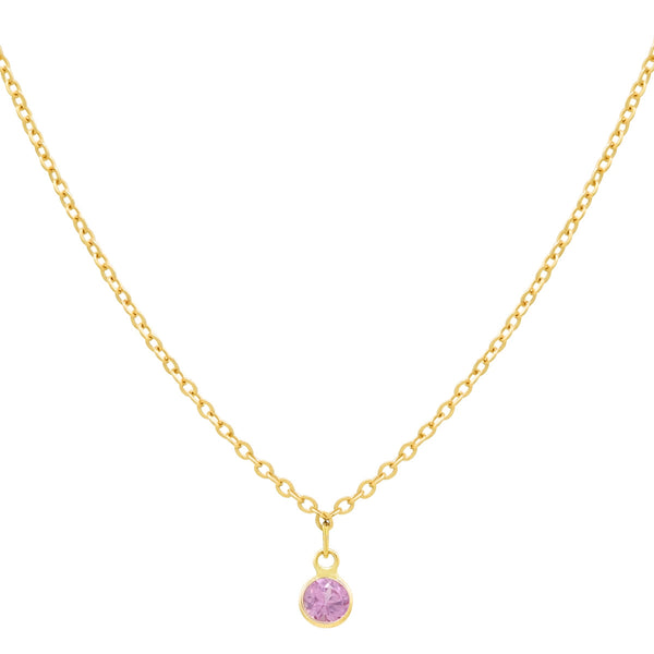 14k Solid Gold Tiny Round Bezel Gem Necklace - Pink Sapphire - Necklaces - Ofina