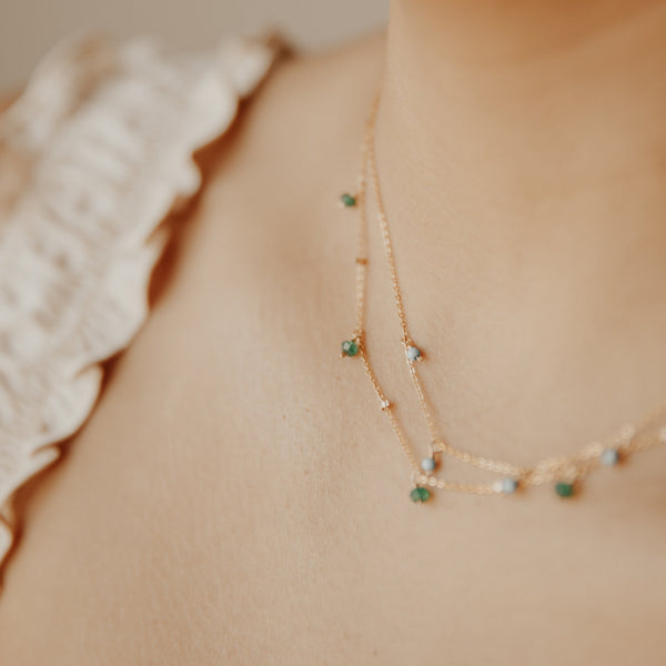 Tiny Green Onyx Stone Drop Beaded Necklace - - Necklaces - Ofina