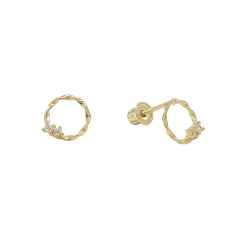 10k Solid Gold CZ Twisted Circle Studs - Yellow Gold - Earrings - Ofina