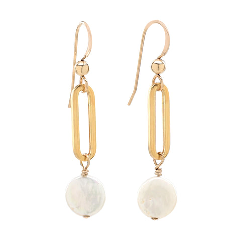 Oval Link Pearl Disc Drop Earrings - - Earrings - Ofina