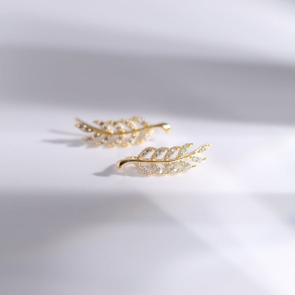 10K Solid Gold CZ Leaf Crawlers - - Earrings - Ofina