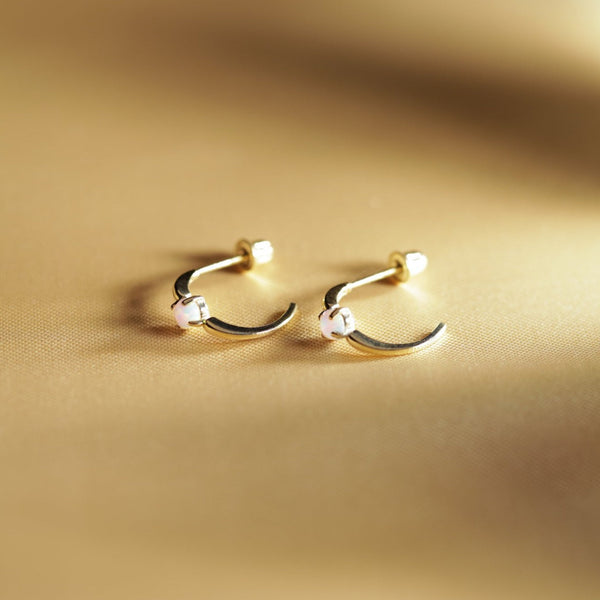 SALE - 10k Solid Gold Opal Prong Huggie Studs - - Earrings - Ofina