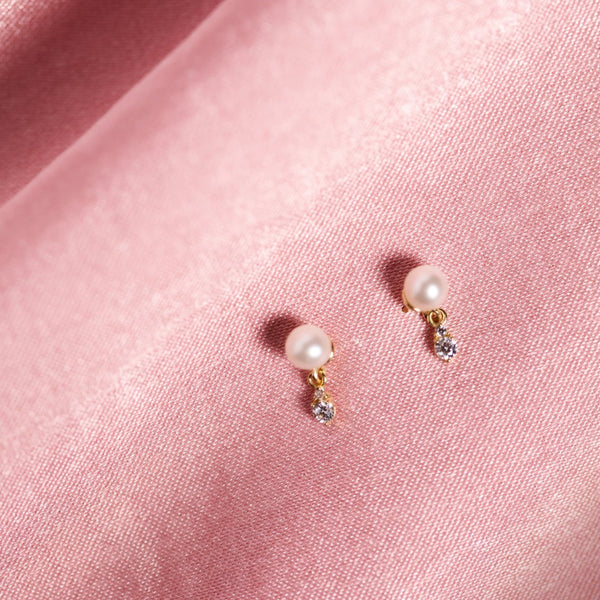 10k Solid Gold Pearl w/ Hanging CZ Studs - - Earrings - Ofina